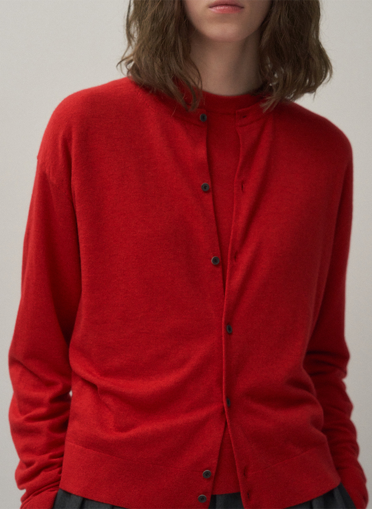 GARMENT DYED CASHMERE SILK CREWNECK CARDIGAN 詳細画像 Red 1