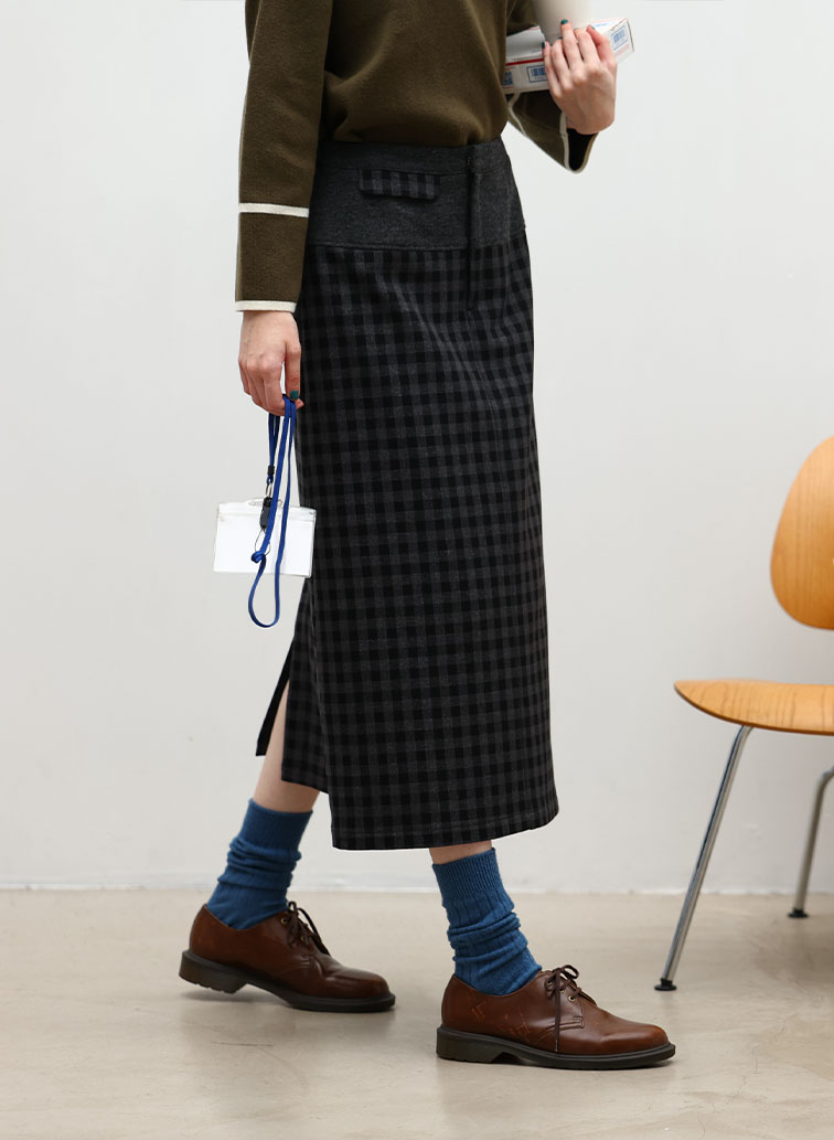 【ウォッシャブル】Woolish Block Check 切替スカート 詳細画像 Black 2