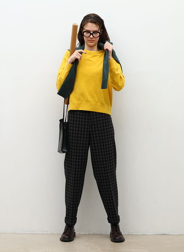 【ウォッシャブル】Woolish Block Check ダブルテーパードパンツ 詳細画像 Black 3