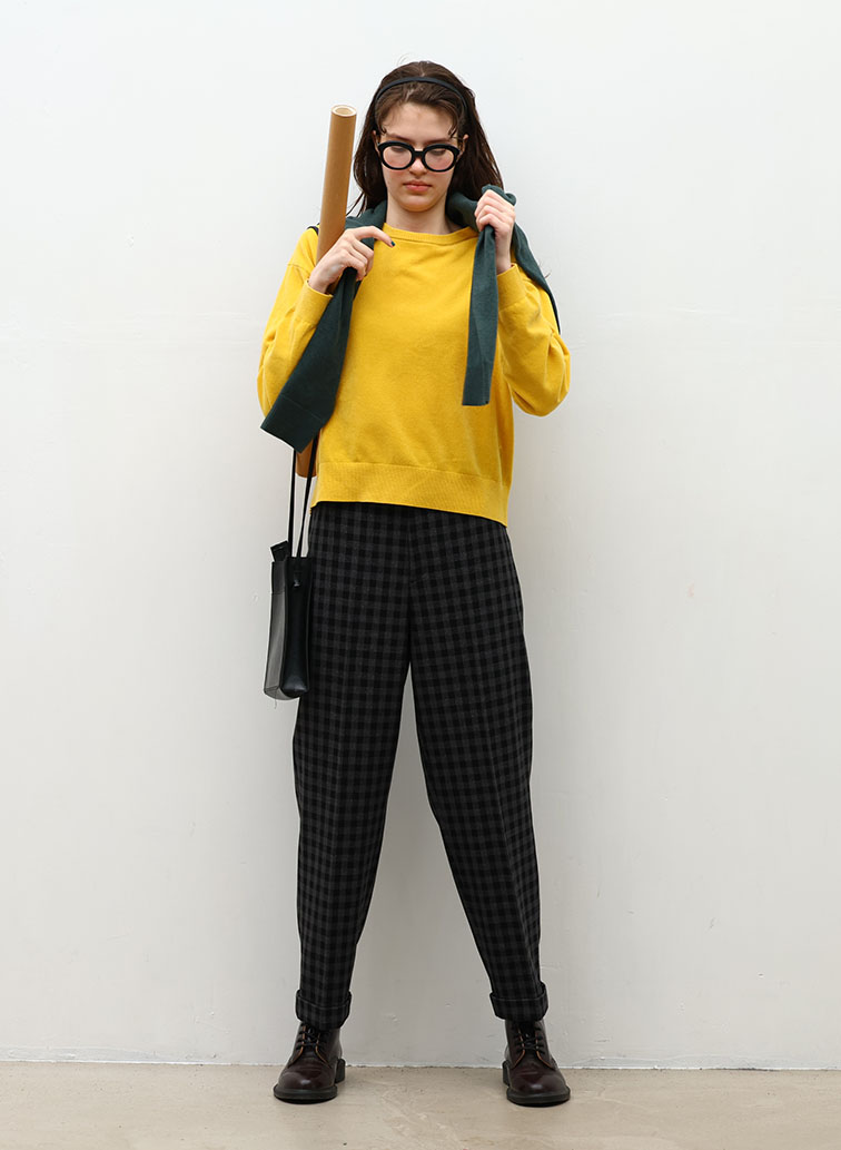【ウォッシャブル】Woolish Block Check ダブルテーパードパンツ 詳細画像 Black 3