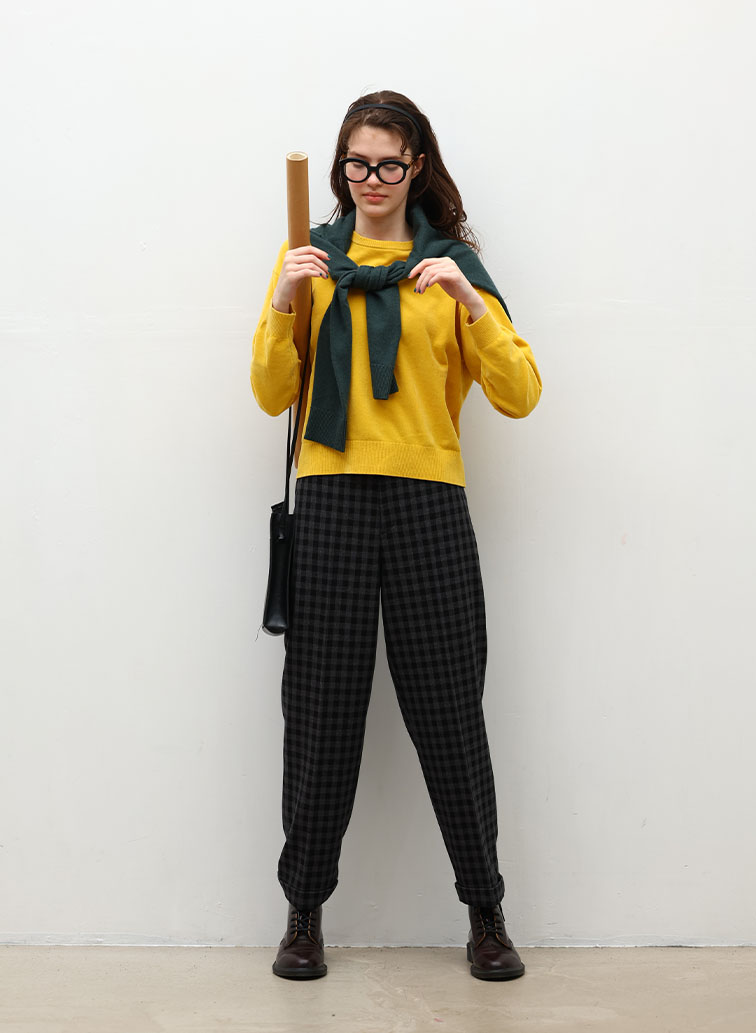 【ウォッシャブル】Woolish Block Check ダブルテーパードパンツ 詳細画像 Black 4