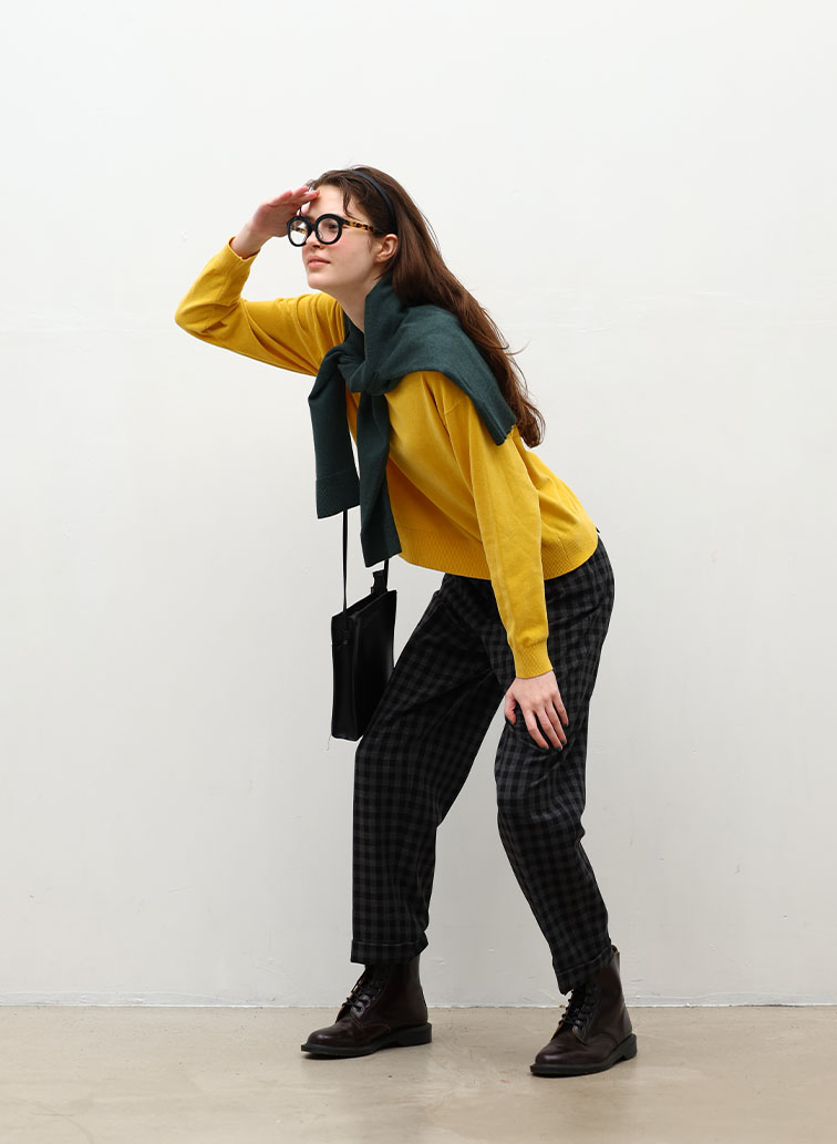 【ウォッシャブル】Woolish Block Check ダブルテーパードパンツ 詳細画像 Black 5