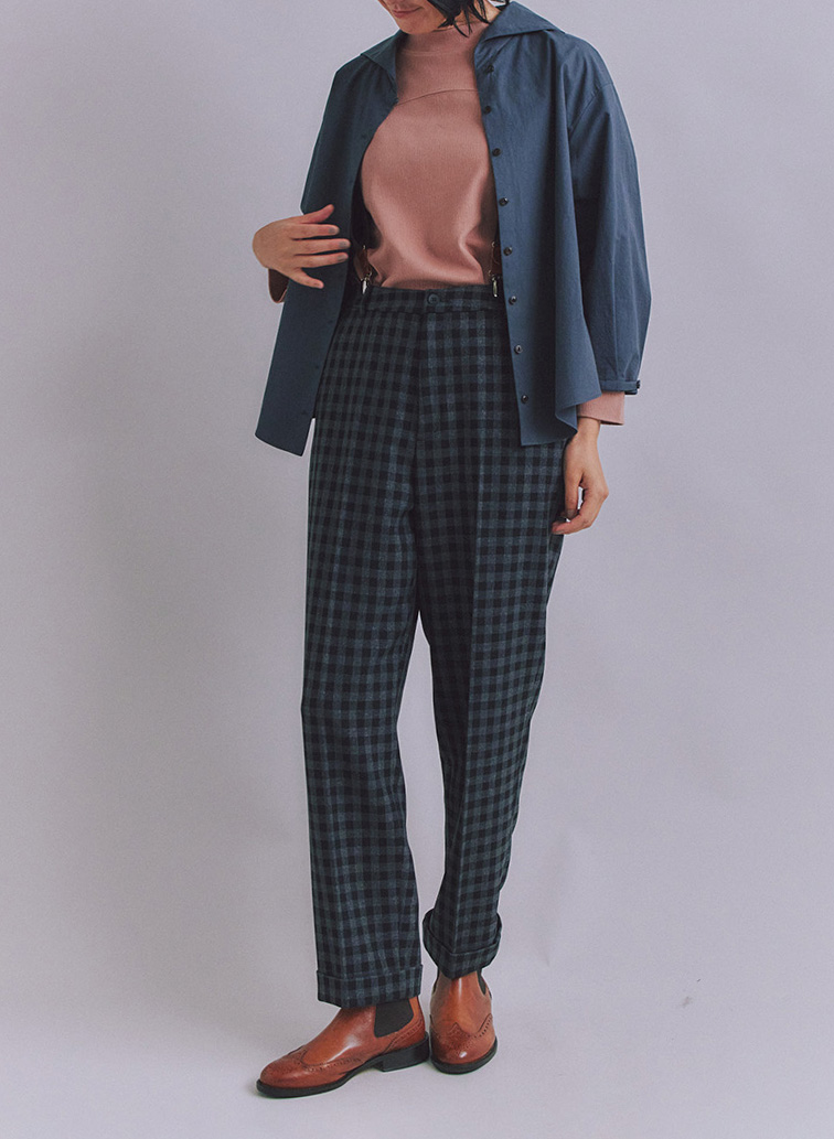 【ウォッシャブル】Woolish Block Check ダブルテーパードパンツ 詳細画像 Black 6