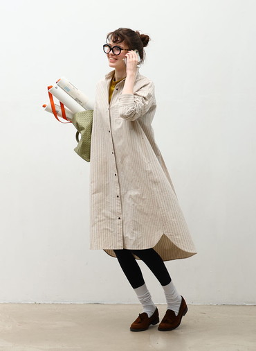 Cotton Linen Double Stripe ポケットロングシャツドレス 詳細画像 Gray Beige 1