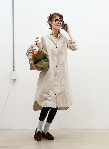 Cotton Linen Double Stripe ポケットロングシャツドレス 詳細画像 Gray Beige 2