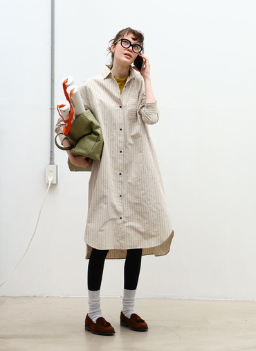 Cotton Linen Double Stripe ポケットロングシャツドレス 詳細画像 Gray Beige 3