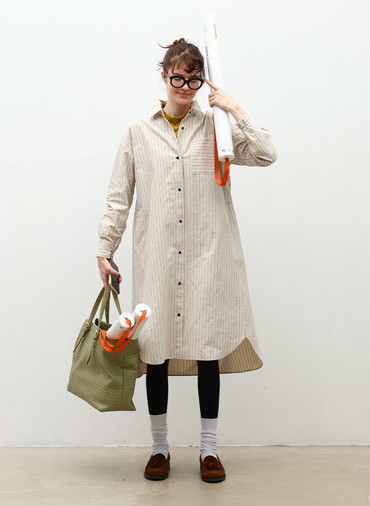 Cotton Linen Double Stripe ポケットロングシャツドレス