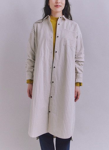 Cotton Linen Double Stripe ポケットロングシャツドレス 詳細画像 Gray Beige 2