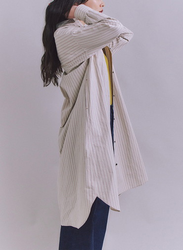 Cotton Linen Double Stripe ポケットロングシャツドレス 詳細画像 Gray Beige 3
