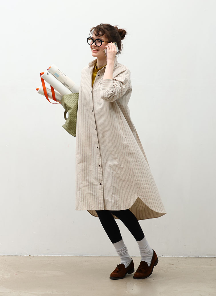 Cotton Linen Double Stripe ポケットロングシャツドレス 詳細画像 Gray Beige 1