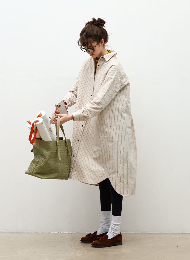 Cotton Linen Double Stripe ポケットロングシャツドレス 詳細画像 Gray Beige 4