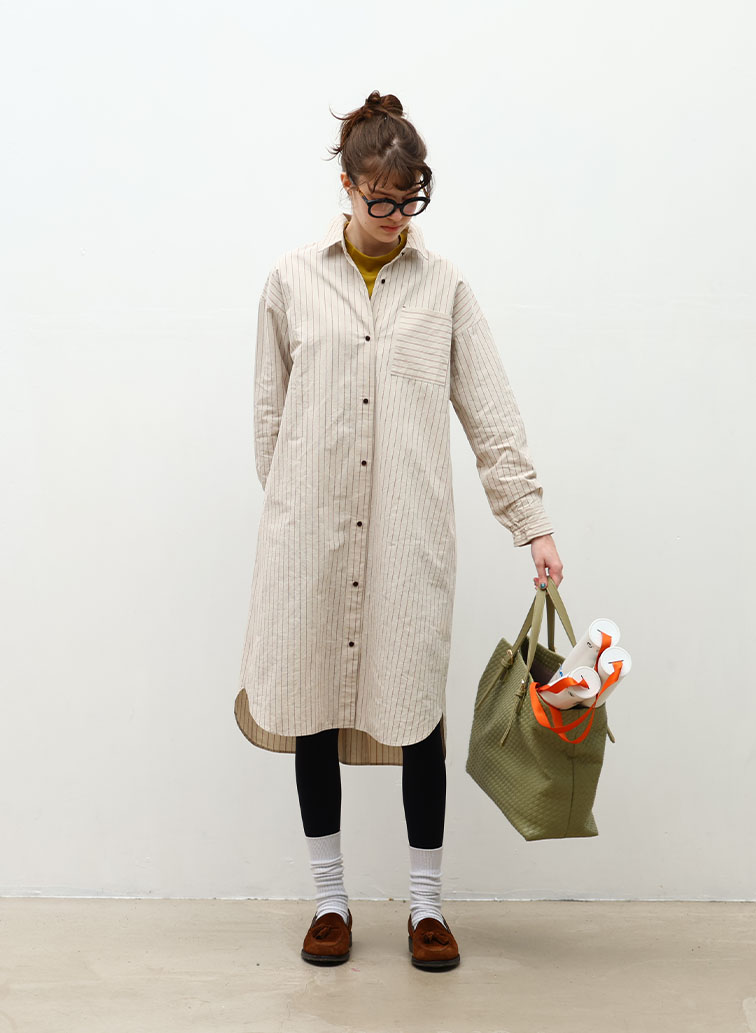 Cotton Linen Double Stripe ポケットロングシャツドレス 詳細画像 Gray Beige 5
