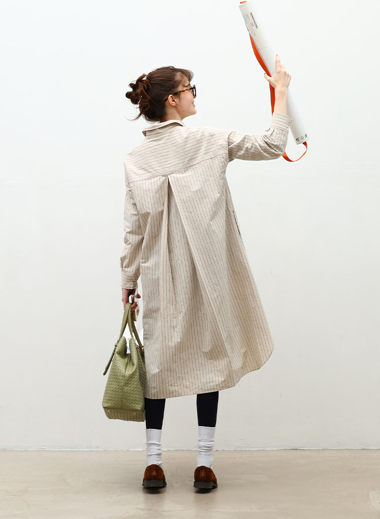 Cotton Linen Double Stripe ポケットロングシャツドレス 詳細画像 Gray Beige 6