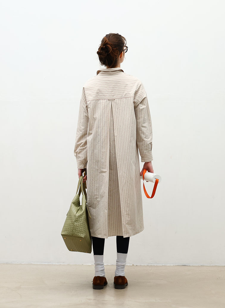 Cotton Linen Double Stripe ポケットロングシャツドレス 詳細画像 Gray Beige 7