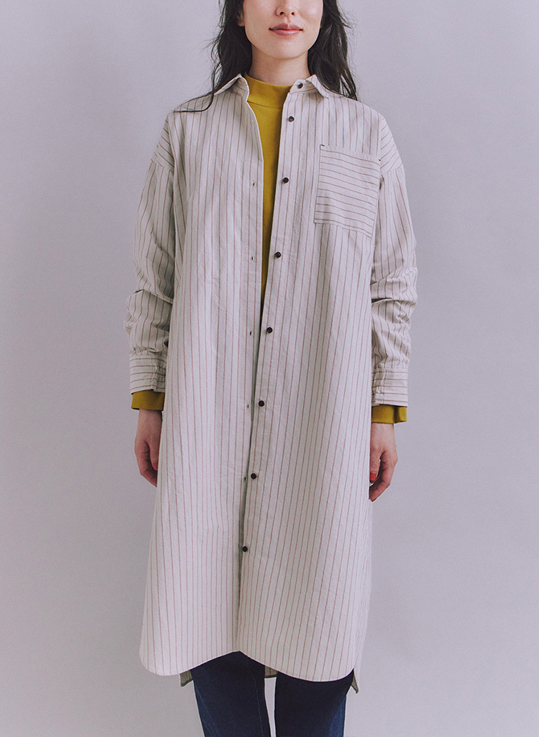 Cotton Linen Double Stripe ポケットロングシャツドレス 詳細画像 Gray Beige 2