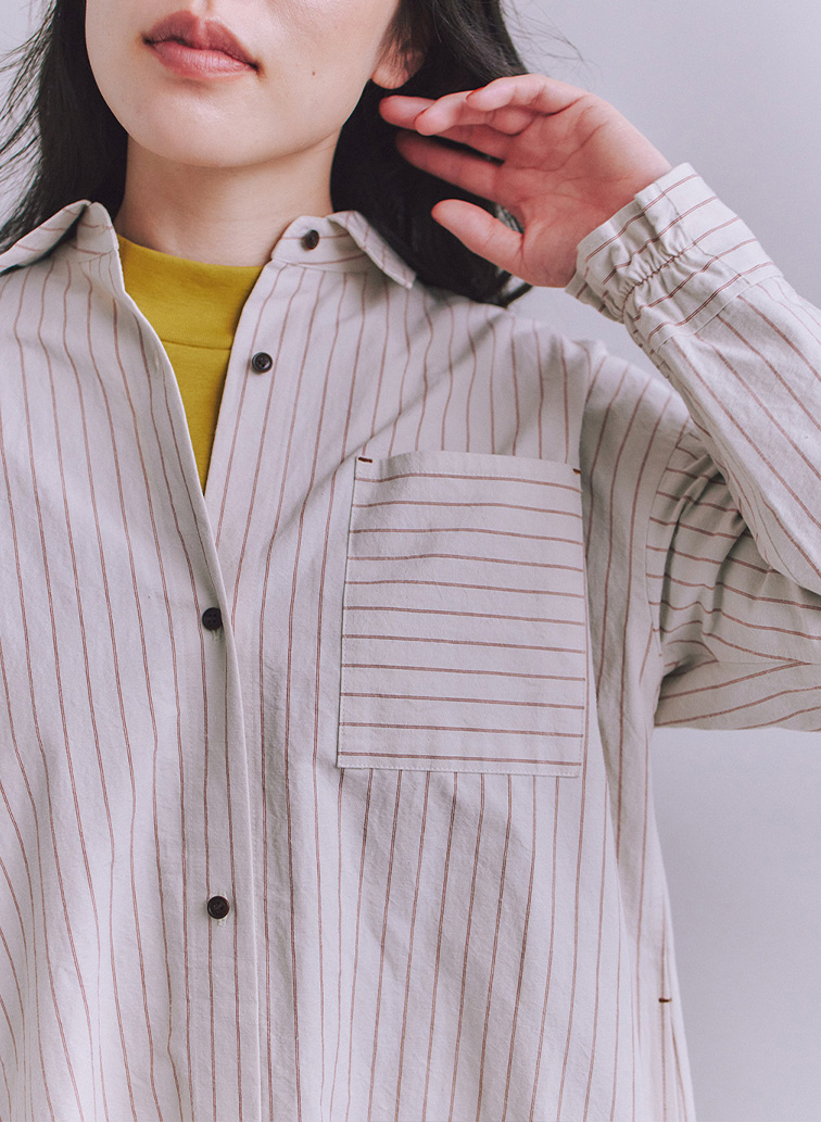 Cotton Linen Double Stripe ポケットロングシャツドレス 詳細画像 Gray Beige 5
