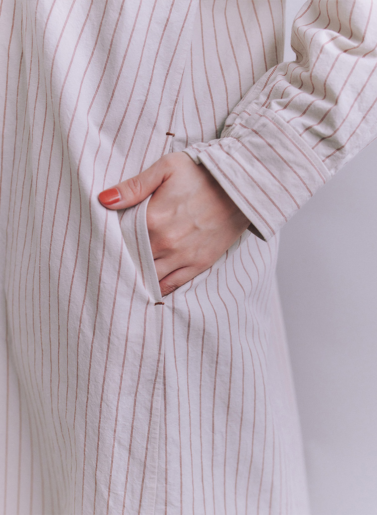 Cotton Linen Double Stripe ポケットロングシャツドレス 詳細画像 Gray Beige 6