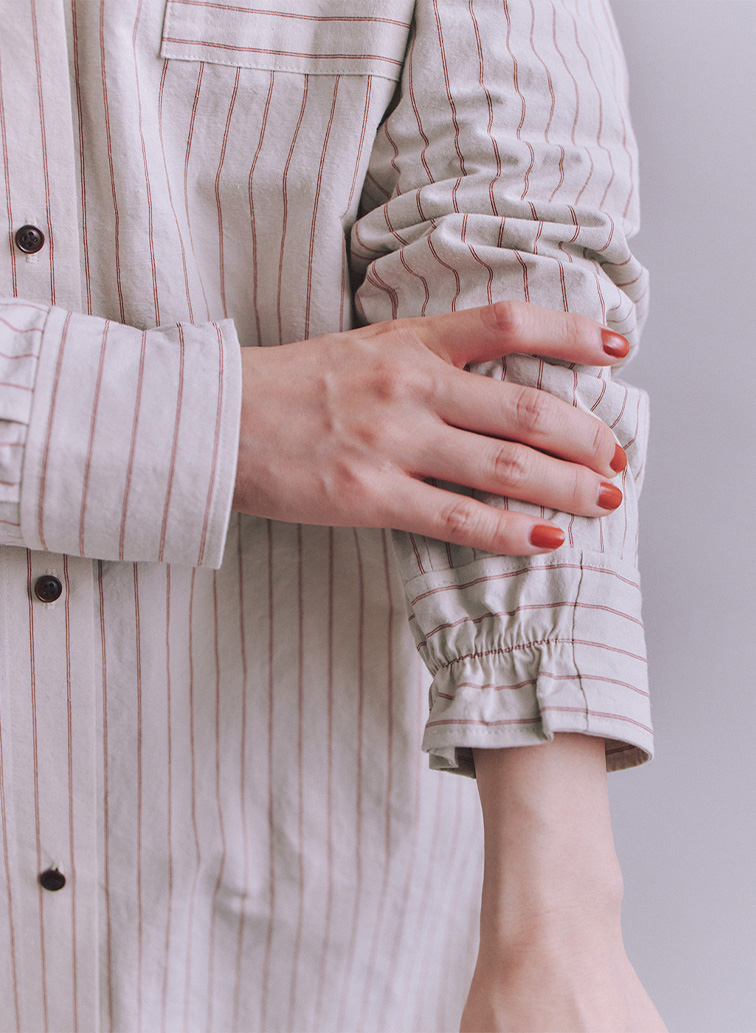 Cotton Linen Double Stripe ポケットロングシャツドレス 詳細画像 Gray Beige 7