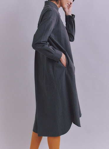 Cotton Linen Pin Stripe ポケットロングシャツドレス 詳細画像 Dark Gray 2