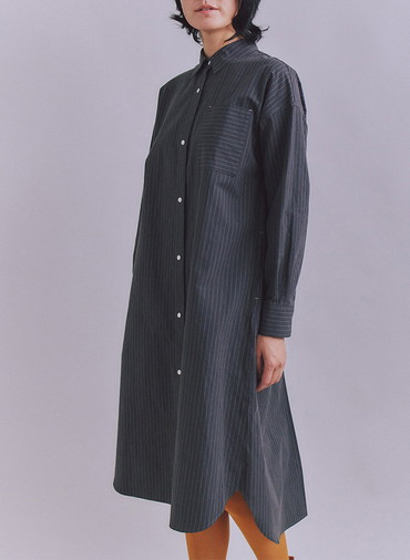 Cotton Linen Pin Stripe ポケットロングシャツドレス