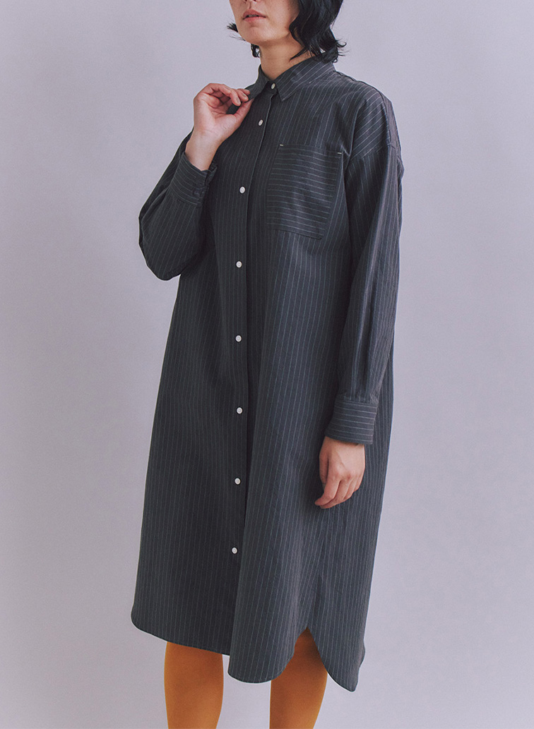 Cotton Linen Pin Stripe ポケットロングシャツドレス 詳細画像 Dark Gray 1