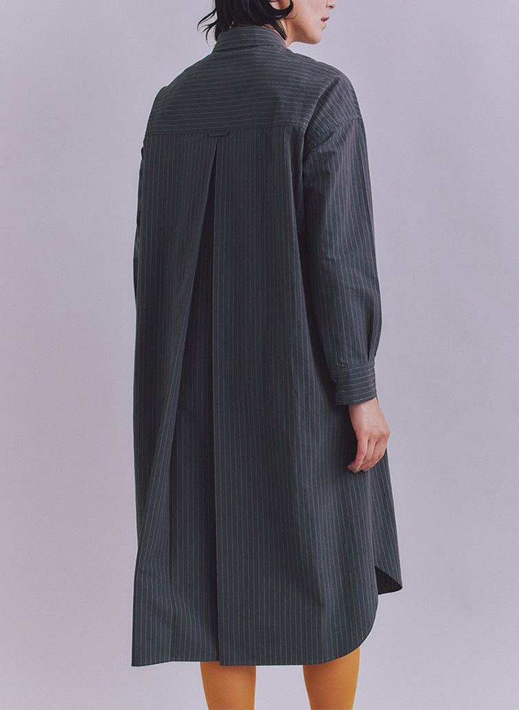 Cotton Linen Pin Stripe ポケットロングシャツドレス 詳細画像 Dark Gray 3
