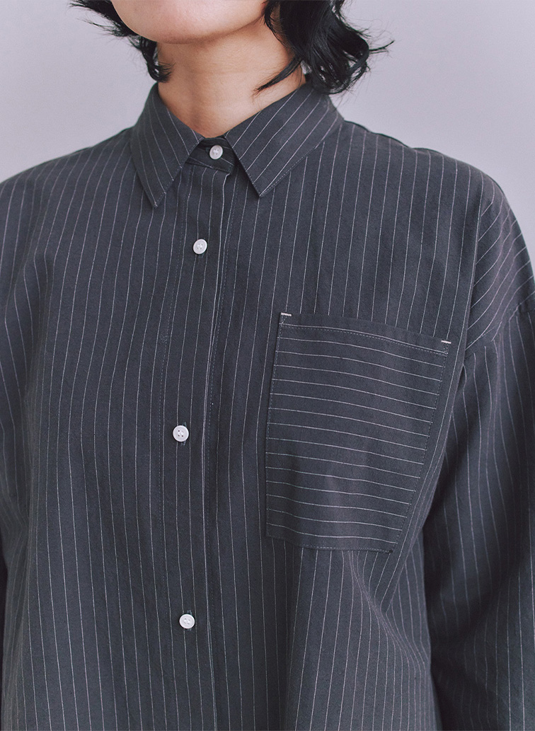 Cotton Linen Pin Stripe ポケットロングシャツドレス 詳細画像 Dark Gray 4