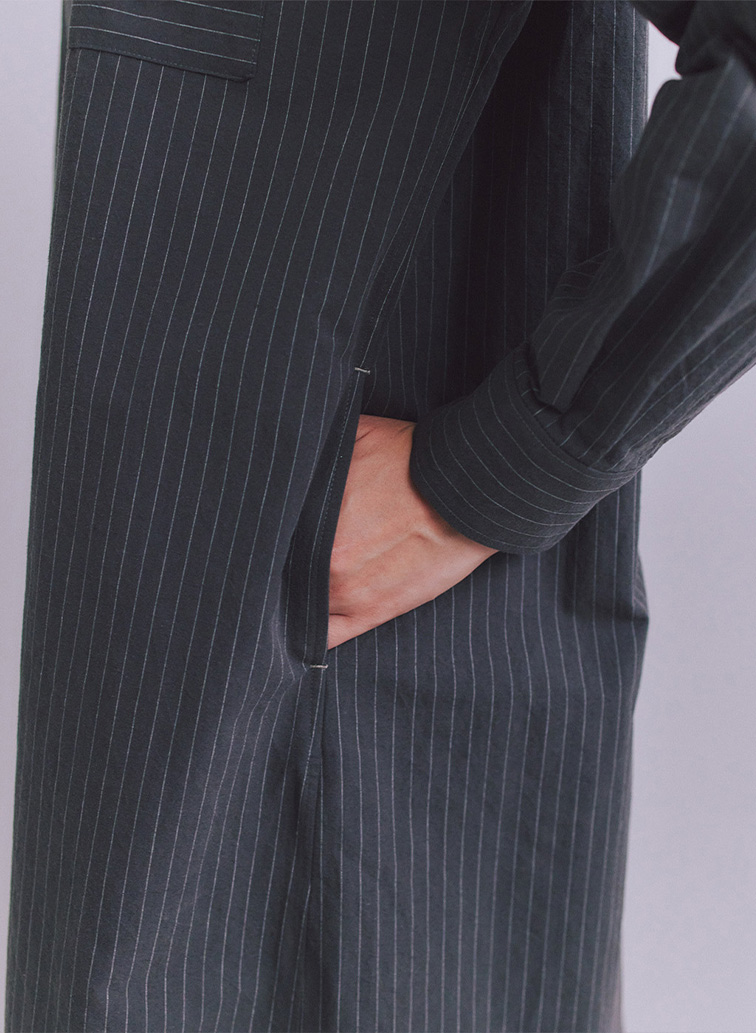 Cotton Linen Pin Stripe ポケットロングシャツドレス 詳細画像 Dark Gray 5