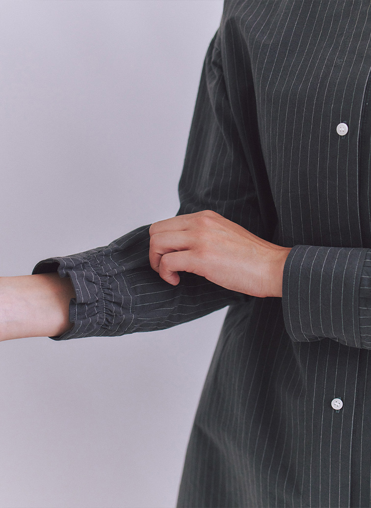 Cotton Linen Pin Stripe ポケットロングシャツドレス 詳細画像 Dark Gray 6