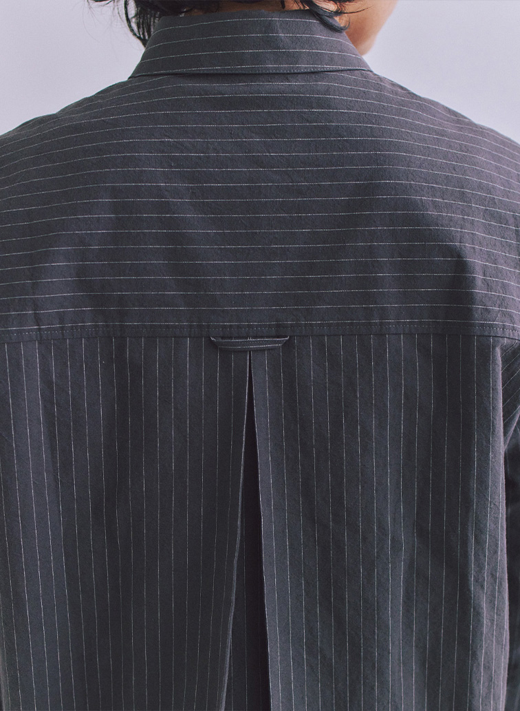 Cotton Linen Pin Stripe ポケットロングシャツドレス 詳細画像 Dark Gray 7