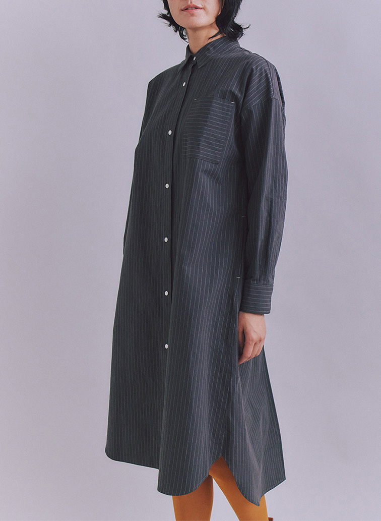 Cotton Linen Pin Stripe ポケットロングシャツドレス 詳細画像 Dark Gray 1