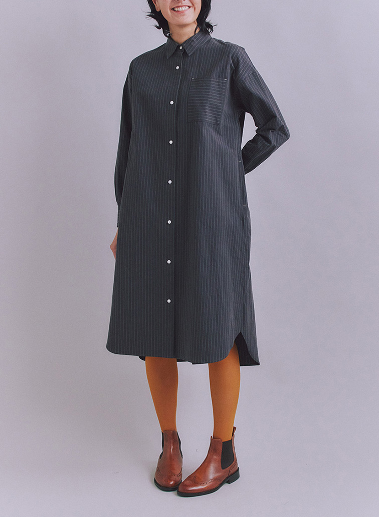Cotton Linen Pin Stripe ポケットロングシャツドレス 詳細画像 Dark Gray 2