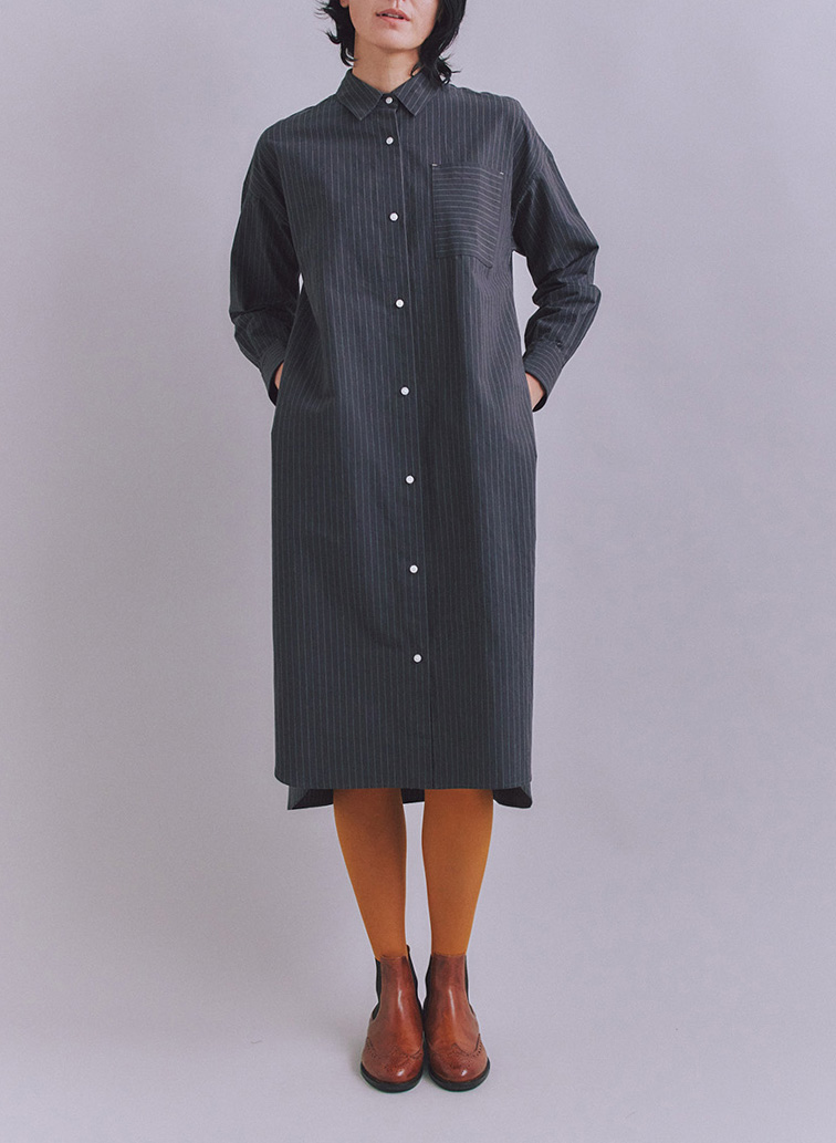 Cotton Linen Pin Stripe ポケットロングシャツドレス 詳細画像 Dark Gray 3