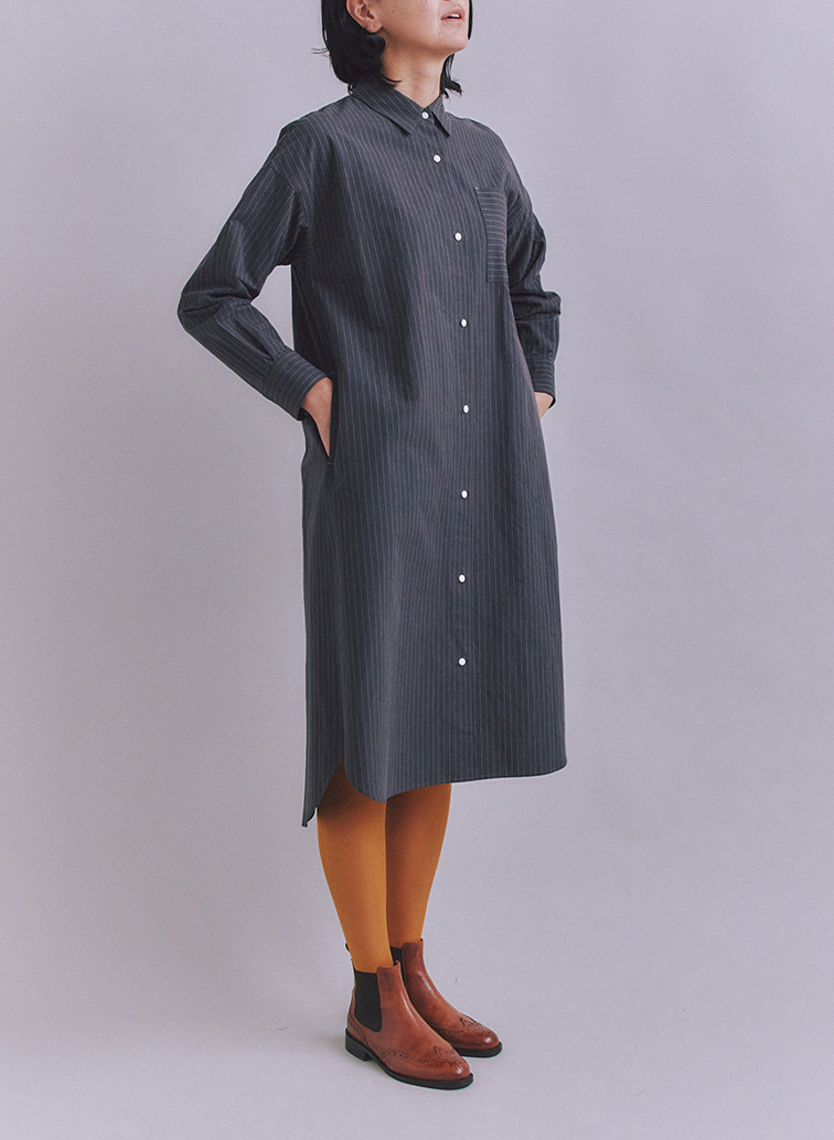 Cotton Linen Pin Stripe ポケットロングシャツドレス 詳細画像 Dark Gray 4
