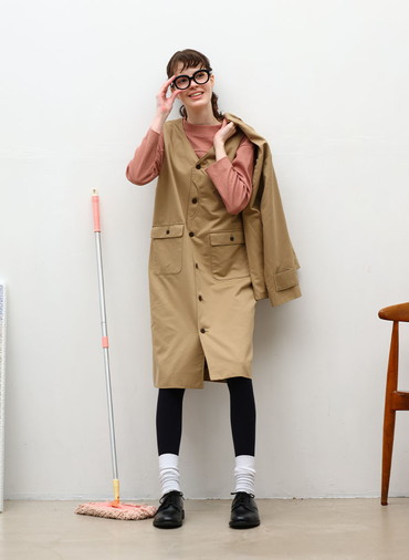 Coated Cotton Poly Twill ハーフムーンポケットドレス 詳細画像 Beige 6