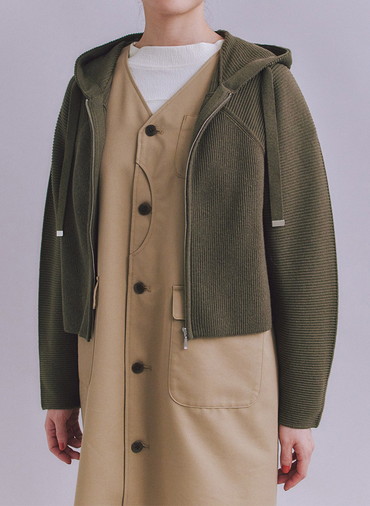 【ウォッシャブル】Garter & Half Cardigan Stitch フーディニット 詳細画像 Khaki 2
