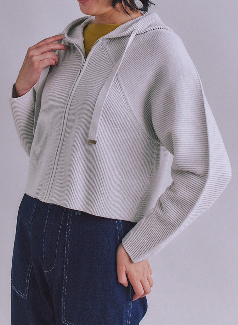 【ウォッシャブル】Garter & Half Cardigan Stitch フーディニット 詳細画像 Light Gray 1