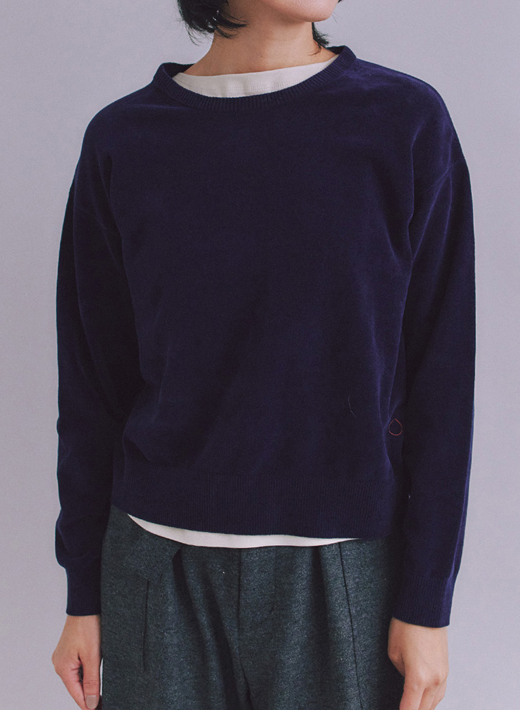 【ウォッシャブル】Creamy Cotton 玉ねぎ刺繍クルーネックニット 詳細画像 Navy 2