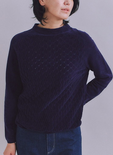【ウォッシャブル】Creamy Cotton 木の葉柄ボトルネックニット 詳細画像 Navy 2
