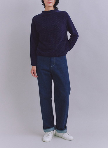 【ウォッシャブル】Creamy Cotton 木の葉柄ボトルネックニット 詳細画像 Navy 3