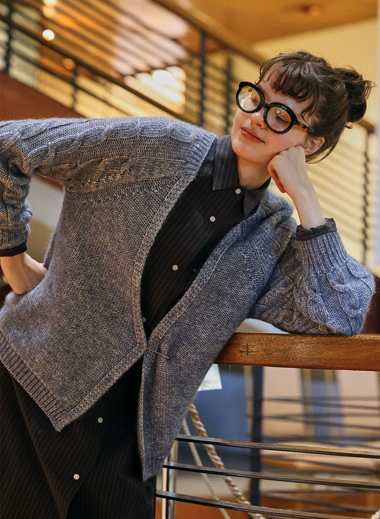 Cotton Alpaca ケーブルラグランニットカーディガン 詳細画像 Saxe Blue 1