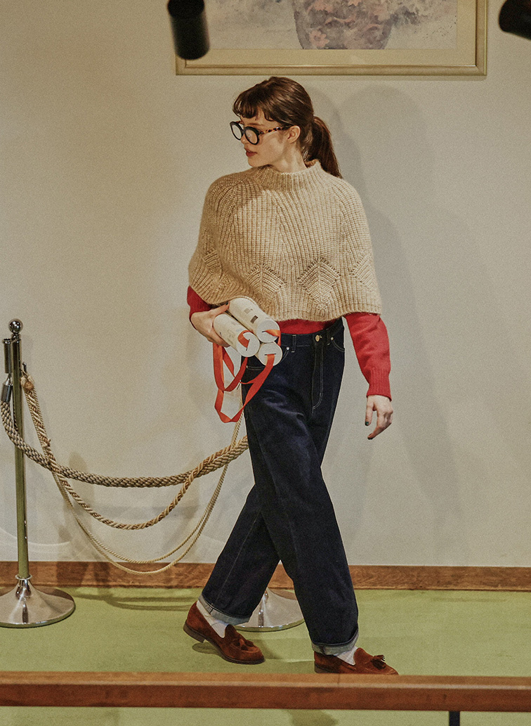 Cotton Alpaca 木の葉柄ニットケープ 詳細画像 Beige 10