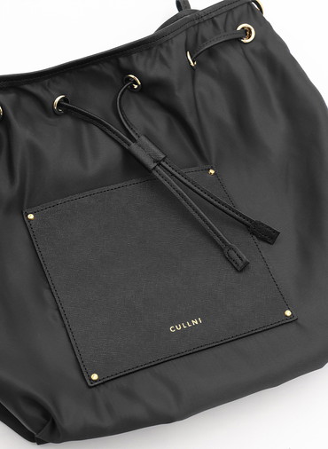 Leather Pocket High Count Taffeta Drawstring Bag 詳細画像 Black 2