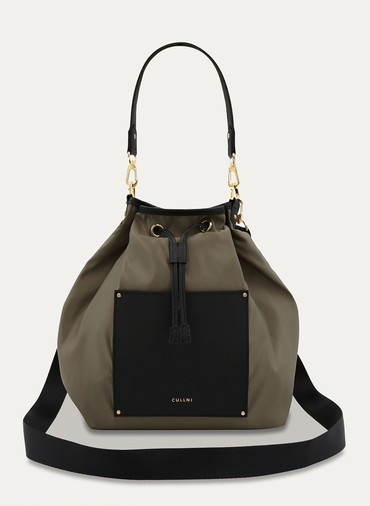 Leather Pocket High Count Taffeta Drawstring Bag 詳細画像 Grey 1