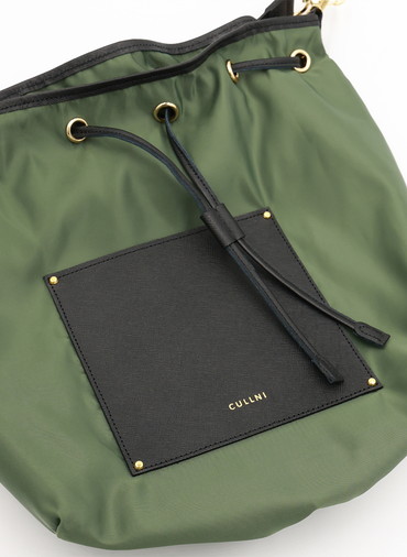 Leather Pocket High Count Taffeta Drawstring Bag 詳細画像 Khaki 2