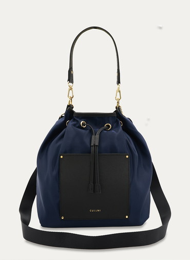 Leather Pocket High Count Taffeta Drawstring Bag 詳細画像 Navy 1