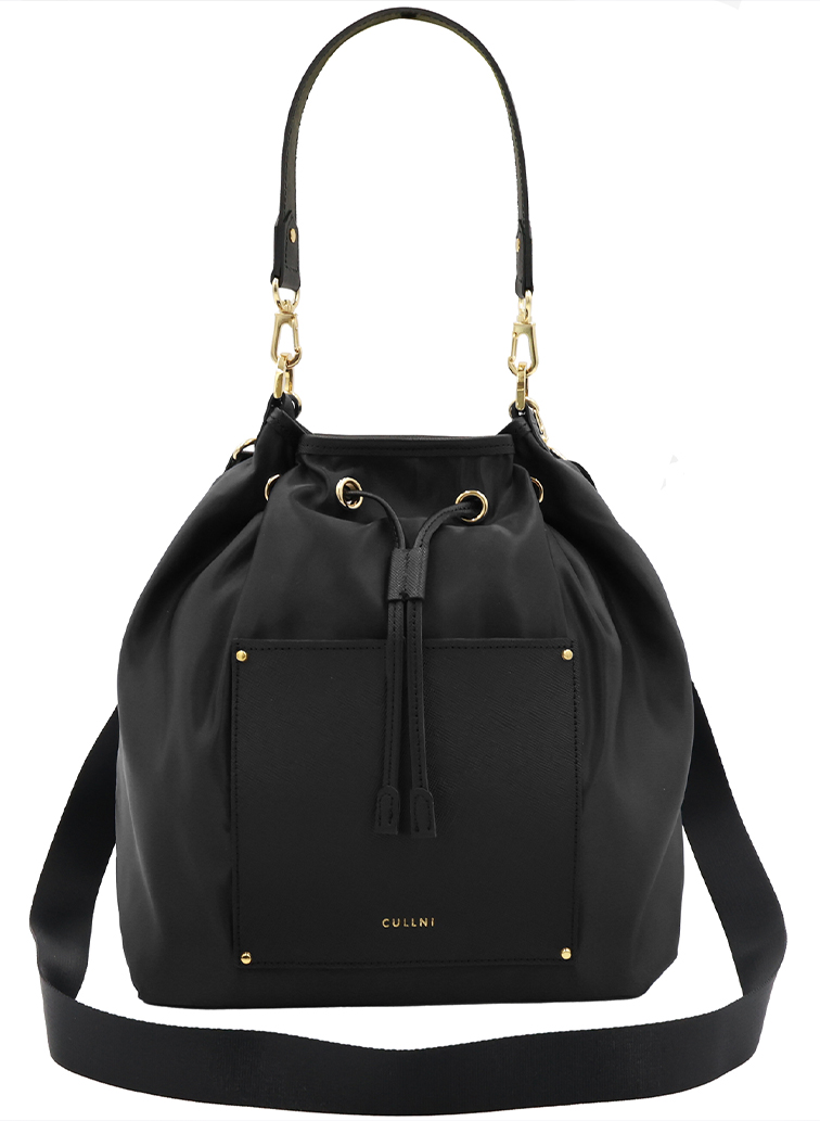 Leather Pocket High Count Taffeta Drawstring Bag 詳細画像 Black 1