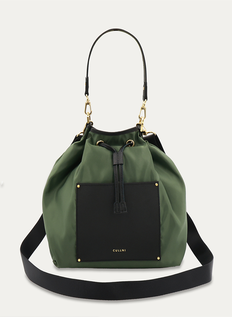 Leather Pocket High Count Taffeta Drawstring Bag 詳細画像 Khaki 1