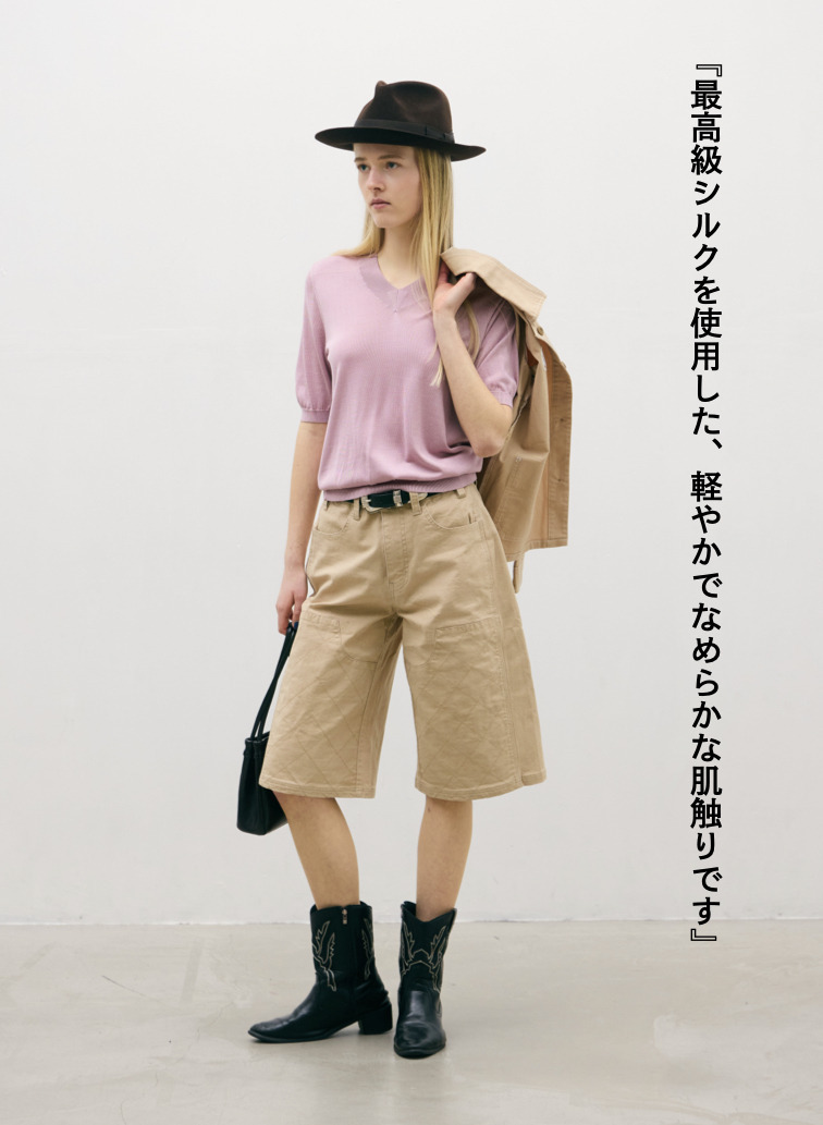 シルク 半袖Vネックニット 詳細画像 Pink 3