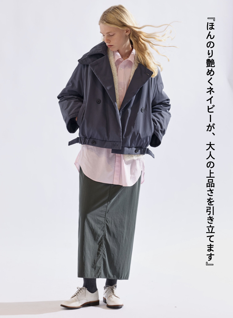 ダブルブレストコート / TWIST NYLON TAFTA SHORT DOUBLE BREASTED COAT 詳細画像 Navy 2